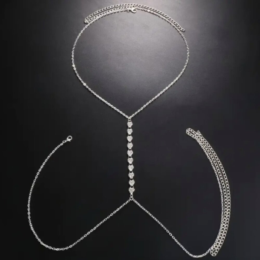 Silver Heart Rhinestone Body Chain Jewelry - Picture 4 of 6